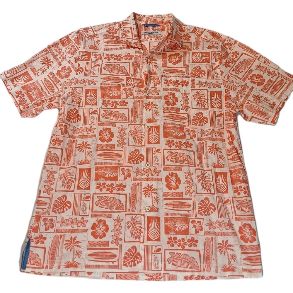Tommy Bahama Orange Tropical Palms Floral Button Up Hawaiian Shirt Medium Cotton